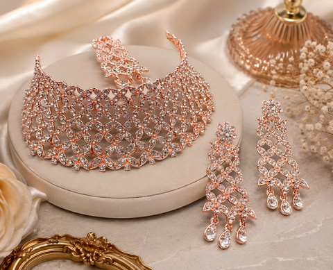 Rosegold Jerkan Stone Beautiful Necklace Set(slight variation in color and design is possible)