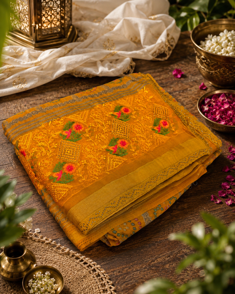 Beautiful Bandhani print work with Stones and embroidery design beautiful soft Georgette Saree Blouse Worn By The Model Is For Reference Purposes Only. The Blouse Piece Is Attached Separately With The Saree. Slight Variation In Color And Design May occur