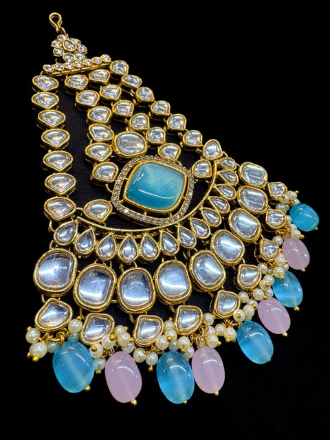 (video clip attached)Pastel Pink & Blue Beautiful uncut Kundan stones with pearls studded very Heavy work necklace with beautiful Jhumka Passa, Sheesh Patti attached to tikka ,Hand Jewellery and Nath NOTE:- original Kundan stones not fake plastic stones)