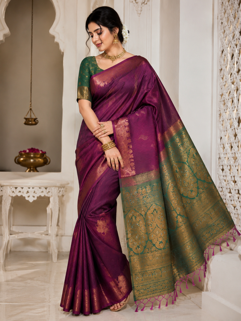 Premium South Silk Saree With Rich Zari Weaving And Contrast Woven Pallu. Featuring Elegant Dual-Tone Shades.Model-Worn Blouse Is For Reference Only. Unstitched Blouse Piece Is Attached With Saree(Slight Variation In Color & Design Is Possible)