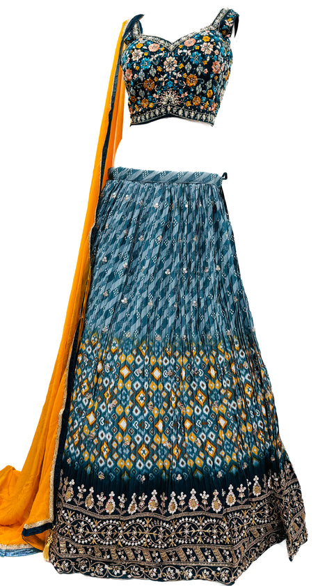 Embroidery with mirror work designer blouse with multicolour printed lehnga with netting dupatta