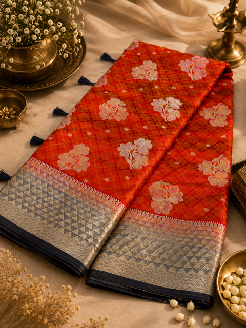 Premium two shaded Silk Saree with rich zari weaving and contrast woven pallu. featuring elegant dual-tone shades.Model-worn blouse is for reference only. Unstitched blouse piece is attached with saree(slight variation in color & design is possible)