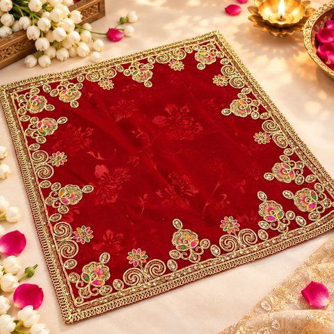 Beautiful soft velvet Pooja Aasan, perfect for placing God idols. Featuring elegant pearl detailing and golden embroidery along the borders.Size: 39× 39 cm..Slight variation in colour and design is possible.