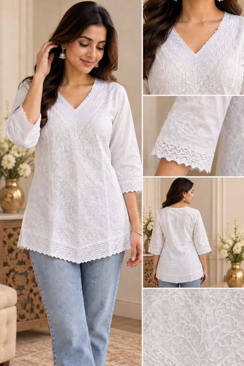 White Lucknowi Chikankari Short Kurti – Beautiful loose-fit short kurti with delicate Chikankari embroidery and lace detailing. Comfortable, elegant and easy to wear.Slight variation in design is possible.