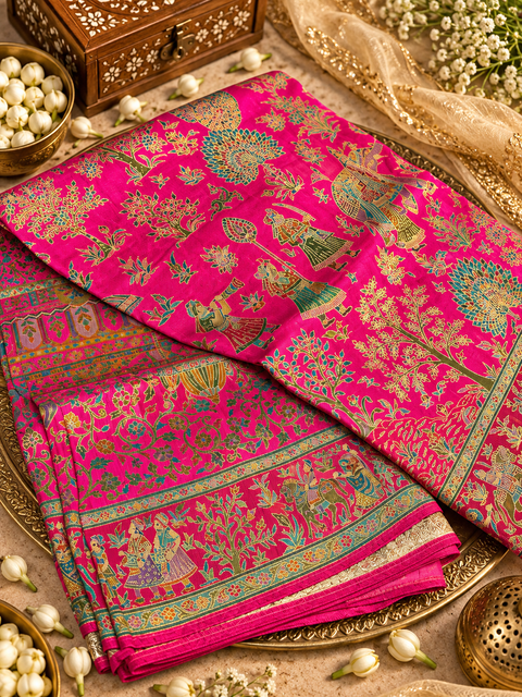 Elegant Soft Silk Saree featuring intricate Kalamkari-inspired traditional motifs and a richly detailed statement border. Beautifully soft, graceful saree.Blouse piece included. Slight variation in colour/design may occur