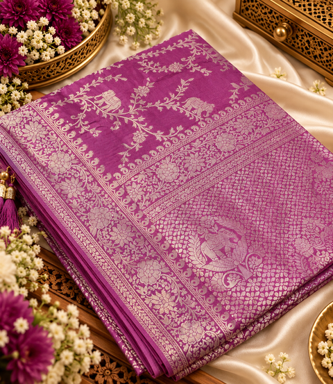 Luxuriously soft silk saree with a smooth, lightweight feel and beautifully flowy drape. Featuring rich woven zari floral motifs and an elegant detailed border .Blouse piece included. Slight variation in colour and design is possible.