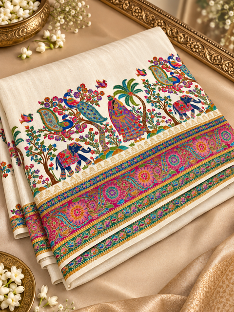 Elegant Ivory Gold saree featuring rich multicolour traditional peacock, elephant and floral motifs with a beautifully detailed woven-style border and statement pallu. Blouse piece included. Slight variation in colour and design is possible.