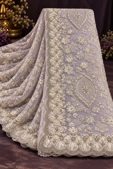 Heavy Embroidered Net Saree – Elegant sheer net saree with all-over embroidery, sequin detailing and a rich heavy border.Blouse shown is for reference only; actual blouse piece is attached with the saree. Slight variation in colour/design possible.