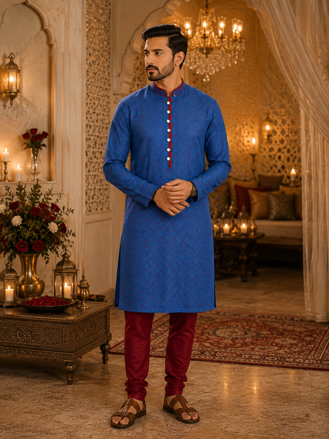 Peacock Blue two shades maroon piping kurta with maroon pajama pants ((slight variation in color and design is possible )