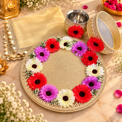 Elegant Karwa Chauth Thali Set with colourful floral detailing, pearl accents and matching thali, channi, kalash and cover cloth. Slight variation in colour and design is possible.