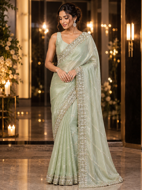 Elegant Jimmy Choo Saree featuring intricate handwork detailing and a beautifully embellished border. Comes with an attached matching blouse piece, blouse worn by the model is for reference purposes only(slight variation in color and design is possible)