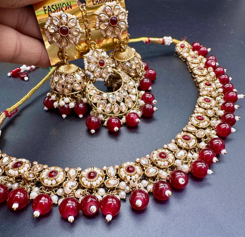 Original Polki stone with pearls beaded work beautiful necklace with jhumka and tikka set