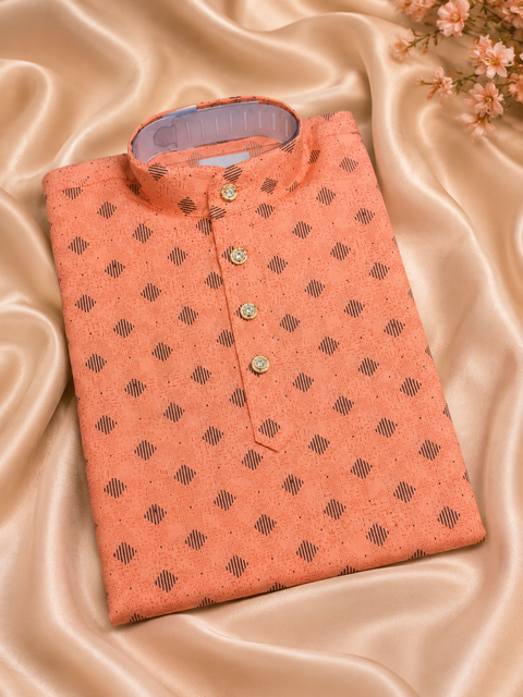 Peach Colour cotton Based Kids Printed Kurta With White Pajama pants (slight variation in color and design may occur)