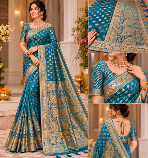 Banarasi Silk Saree Featuring Elegant Zari Weaving & stone work with tessels on Pallu Saree Comes With An Attached Blouse Piece. Model Blouse Is For Reference Only. Slight Variation In Colour And Design May Occur