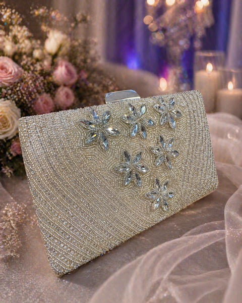 Stone work and pearls work beaded Handwork designer clutch bag with handle to carry with chain inside the clutch (can be attached or detached)