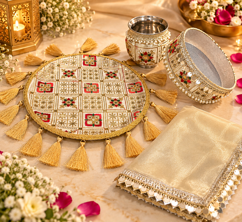 Beautiful Karwa Chauth Thali Set with traditional red-gold motifs, pearl detailing and golden tassels, including matching thali, channi, kalash and cover cloth. Slight variation in colour and design is possible.