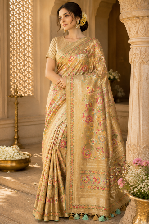 Banarasi tissue silk saree With Contrast Color Border & Pallu ,Dola Silk Beautiful Saree (Soft To Set The Pleate)Blouse Shown Is For Reference Only Blouse Piece Is Included With Saree As Unstitched(Slight Variation In Color And Design Is Possible)