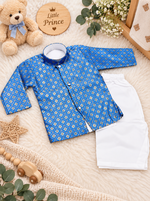 Adorable Brocade Silk Newborn Kurta Pajama Set with soft inner lining, easy front-open kurta and matching elasticated pajama for comfortable wear.Kurta L 35 cm,Chest 25 cm,Sleeve 24 cm,Pajama L 33 cm. Slight variation in colour & design may occur
