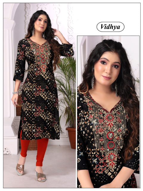 Pure Rayon based embroidered neck printed kurti