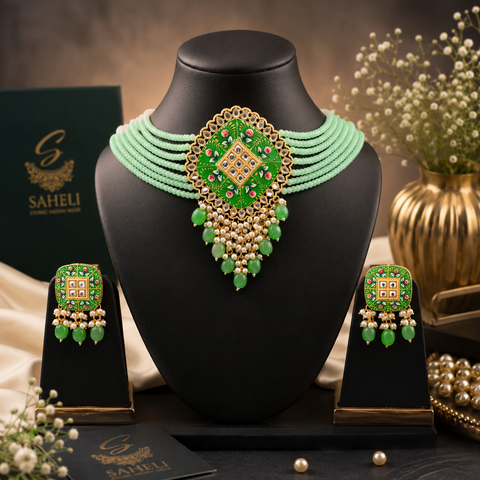Beautiful Meenakari work with Kundan stone choker Set With Elegant Pearl Detailing (Slight Variation In Color, Design, And Finishing May Occur