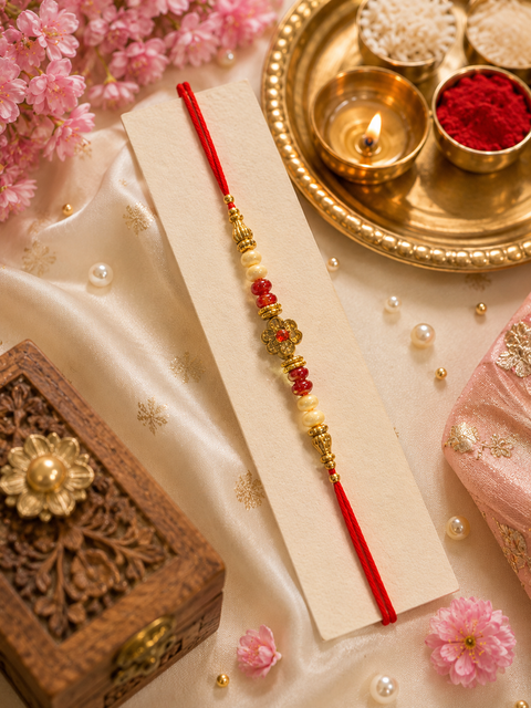 Elegant handcrafted Rakhi with premium beads and sparkling stonework, beautifully crafted to celebrate the special bond of love and protection.