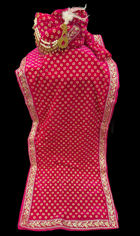 Hot Pink colour velvet based golden printed Dulha Pagdi With dupatta set