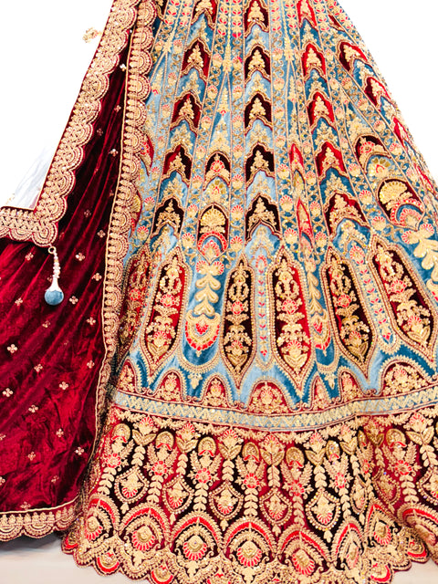 Velvet based hand work with stones work two toned design Heavy Ken ken Bridal designer lehnga with heavy handwork blouse and two Dupatta , with netting and with velvet (video clip attached for reference )