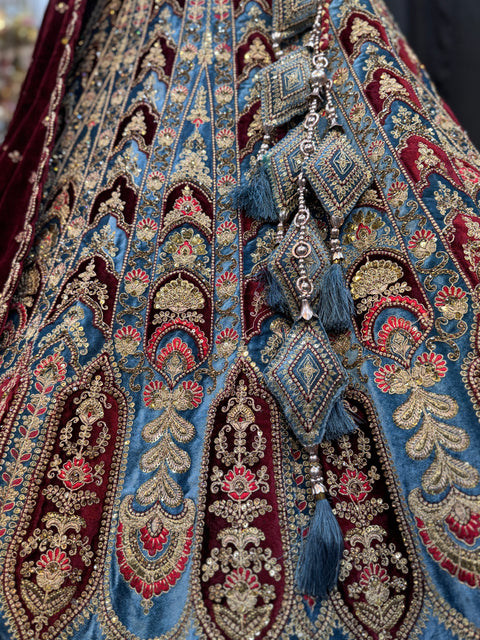 (Video Clip attached)Velvet based hand work with stones work two toned design Heavy Ken ken Bridal designer lehnga with heavy handwork blouse and two Dupatta , with netting and with velvet and heavy latkans