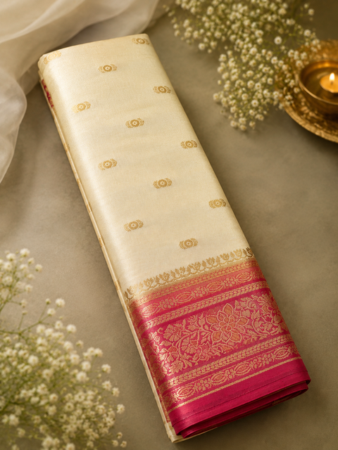 Plain Silk Saree With Contrast Zari Border And Contrast Plain Blouse, Model-Worn Blouse Is For Reference Only. Unstitched Blouse Piece Is Attached With Saree(Slight Variation In Color & Design Is Possible)