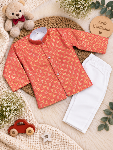 Adorable Brocade Silk Newborn Kurta Pajama Set with soft inner lining, easy front-open kurta and matching elasticated pajama for comfortable wear.Kurta L 35 cm,Chest 25 cm,Sleeve 24 cm,Pajama L 33 cm. Slight variation in colour & design may occur