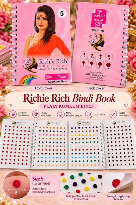 Beautiful Richie Rich Shringar plain round bindis in a variety of vibrant colours. Fine, neat finish with strong adhesive, perfect for everyday wear and special occasions.
Size: 5
Quantity: Approximately 960 bindi per book.