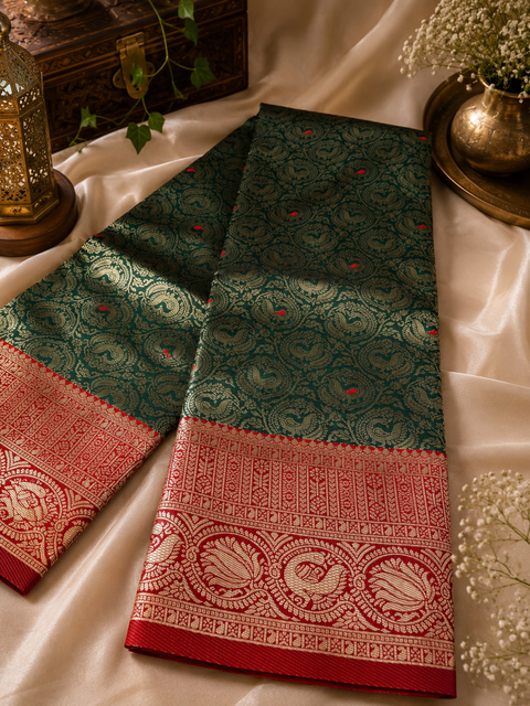 Premium soft Silk Saree with rich zari weaving and contrast woven pallu. featuring elegant dual-tone shades.Model-worn blouse is for reference only. Unstitched blouse piece is attached with saree(slight variation in color & design is possible)