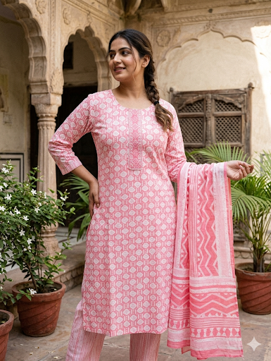 Size 38 Cotton Rayon Based  Embroidery Printed Kurti With Plazo pants & Dupatta