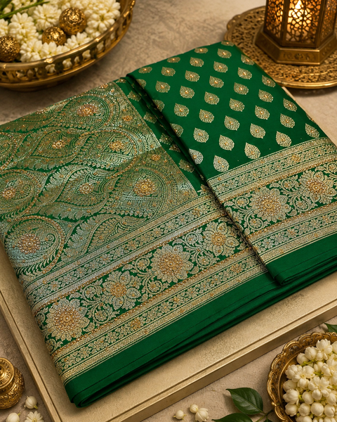 Luxurious Banarasi Silk Saree With Rich Zari Weaving And Elegant Stone Work On The Pallu. Comes With An Attached Blouse Piece. Model Image Is For Reference Only; Slight Variation In Color And Design May Occur.