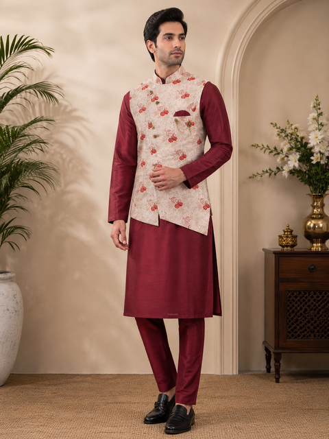 Brocade silk designer jacket with plain kurta and pants (slight variation in color & design is possible )