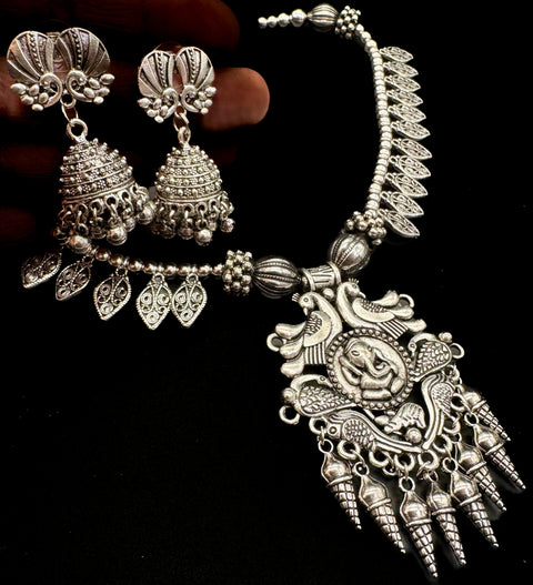Ganesha Statue Beautiful work oxidised Necklace with earrings