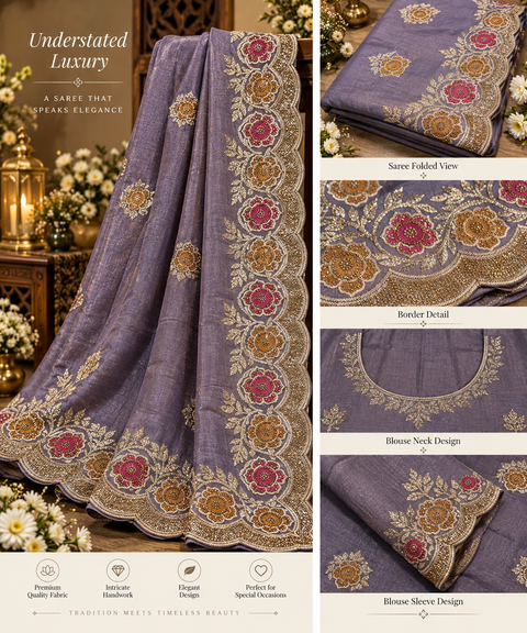 Dusty lavender Soft Silk Saree with a subtle shimmer, all-over delicate motifs and rich floral handwork on a scalloped border. Attached blouse piece included; model blouse is for reference only. Slight variation in colour and design is possible