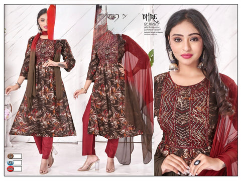 Rayon based embroidery work neck design flared kurti with pants & dupatta