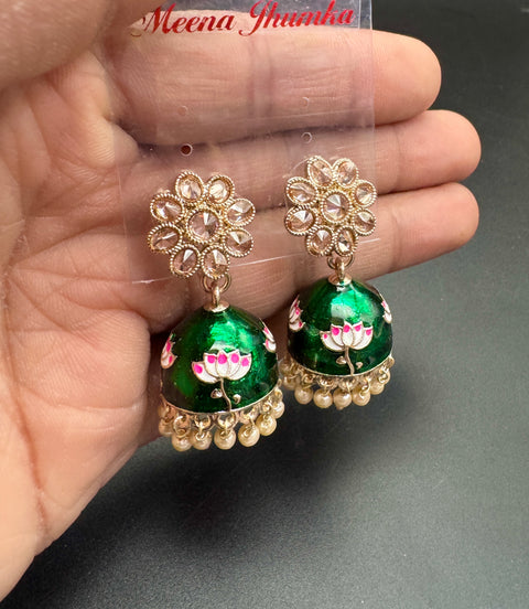 Small size Polki Stone With Pearls Work Beautiful Meenakari Jhumka