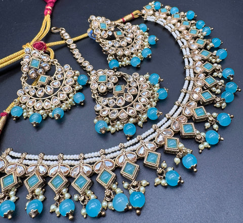 Original Polki stone with pearls beaded work beautiful necklace with jhumka and tikka set