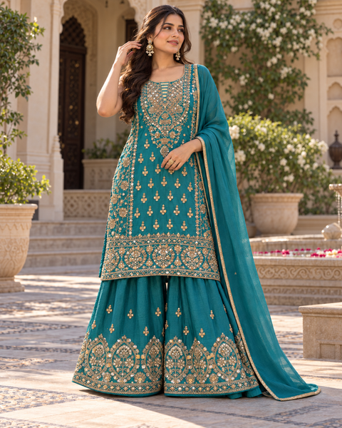 Deep Teal soft Georgette Silk outfit featuring exquisite handwork embroidery all over the kameez, matching loose circular palazzo with handwork detailing, and a beautiful golden-bordered dupatta.Slight variation in colour and design is possible
