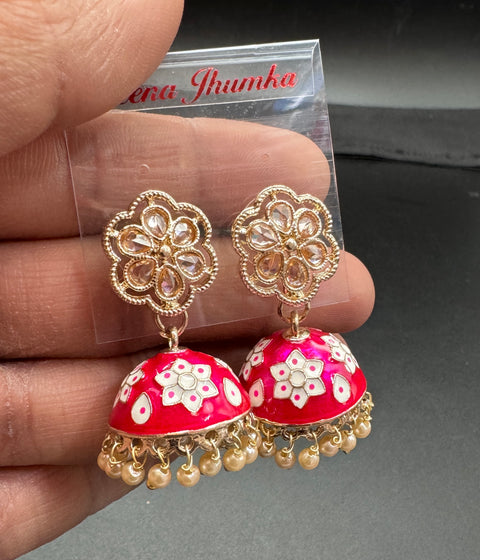 Small size Polki Stone With Pearls Work Beautiful Meenakari Jhumka