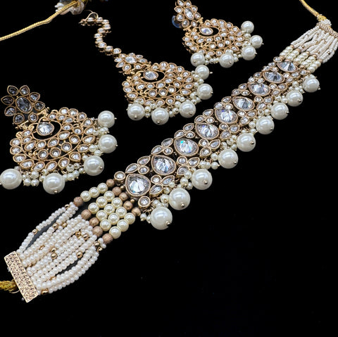 Original Polki big stone with pearls beaded heavy work classy choker necklace with earrings and tikka set