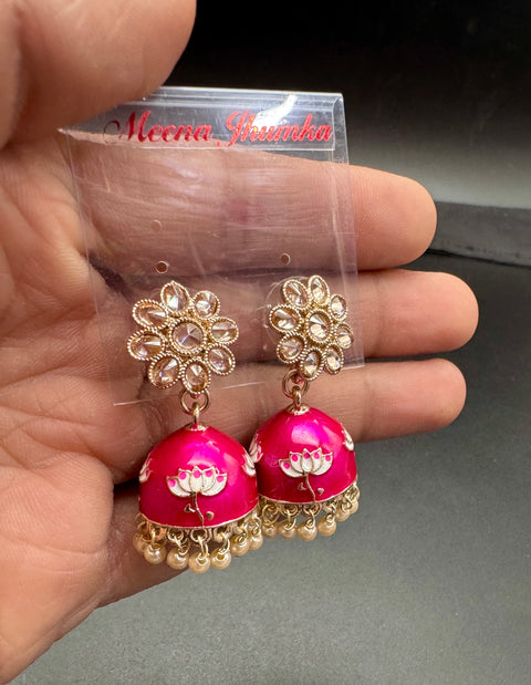 Small size Polki Stone With Pearls Work Beautiful Meenakari Jhumka