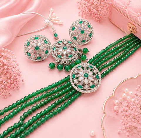 Mirrors with Jerkan fine stone with pearls beaded choker set with beautiful studs & tikka