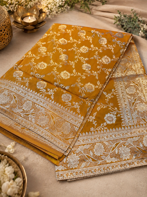 Soft & beautiful Banarsi Silk Saree(very soft to pleated set)Blouse Piece Is Included With The Saree As Unstitched Fabric(slight variation in color and design is possible