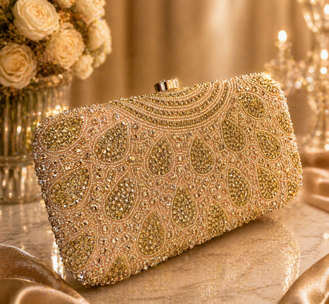 Stone work and pearls work beaded Handwork designer clutch bag with handle to carry with chain inside the clutch (can be attached or detached)