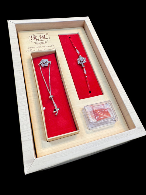 AD stone Work Bhai Bhabhi Rakhi in nice pack gift box with Mishri, Sindoor, Rice, Chandan