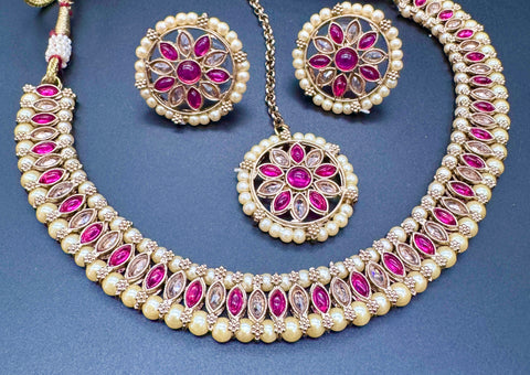 Polki And Pearls Work Beautiful Necklace Set With studs & Tikka