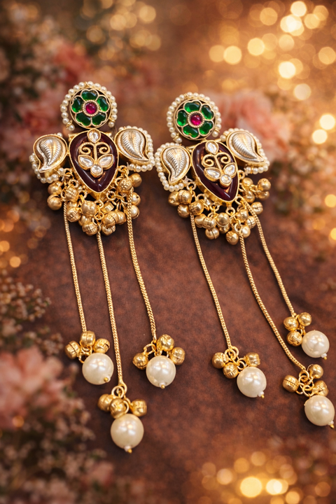 (Video clip attached )Lite Weight Trending Kashmiri Earrings /Elegant traditional jhumka earrings crafted with a high-quality alloy base, featuring intricate antique gold-look detailing, delicate pearl accents,Ghunghrooand a beautifully carved drop stone